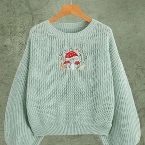 Mushroom Embroidery Drop Shoulder Sweater